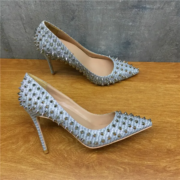 Charmant Argenté Soirée Paillettes Rivet Escarpins 2020 12 cm Talons Aiguilles À Bout Pointu Escarpins