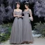 Modest / Simple Grey Bridesmaid Dresses 2021 A-Line / Princess Glitter Spaghetti Straps Short Sleeve Backless Floor-Length / Long Bridesmaid Wedding Party Dresses