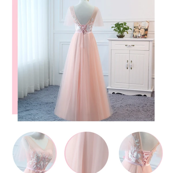 Elegant Pearl Pink Wedding Party Dresses 2018 A-Line / Princess Appliques Lace Bow Backless Floor-Length / Long Bridesmaid Dresses