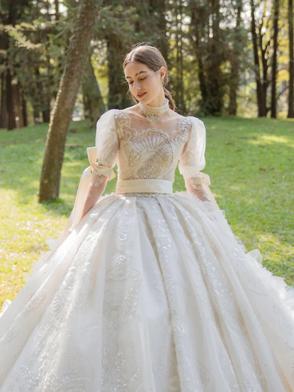 Luxury / Gorgeous Vintage / Retro Medieval Handmade  Beading Ivory Wedding Dresses 2021 Ball Gown Scoop Neck Long Sleeve Sash Bow Lace Flower Pearl Rhinestone Royal Train Wedding