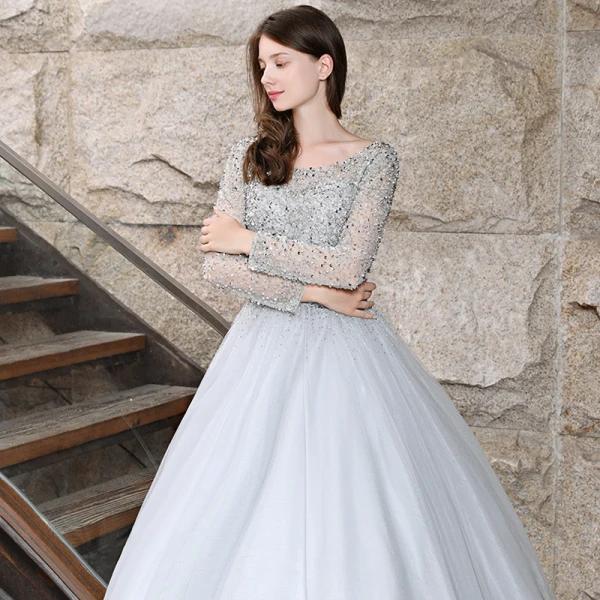 Sparkly Grey Prom Dresses 2018 Ball Gown Beading Sequins Scoop Neck Long Sleeve Backless Floor-Length / Long Formal Dresses