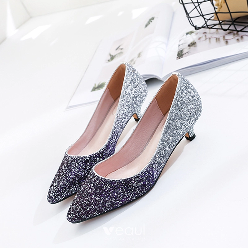 Charming Navy Blue Glitter Wedding Shoes 2020 Leather Sequins 3 cm