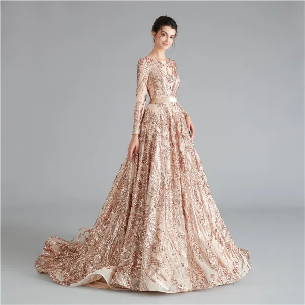Sparkly Dark Green Sequins Evening Dresses Prom Dresses 2021 A-Line / Princess Sash Scoop Neck Long Sleeve Backless Floor-Length / Long Evening Party Prom Formal Dresses