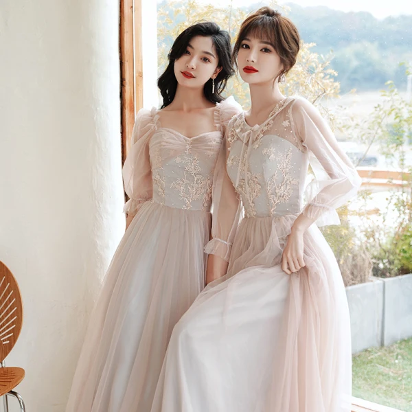 Mode Perle Rose Robe Demoiselle D'honneur 2021 Princesse Encolure Dégagée En Dentelle Fleur Appliques 3/4 Manches Dos Nu Longue Robe Pour Mariage
