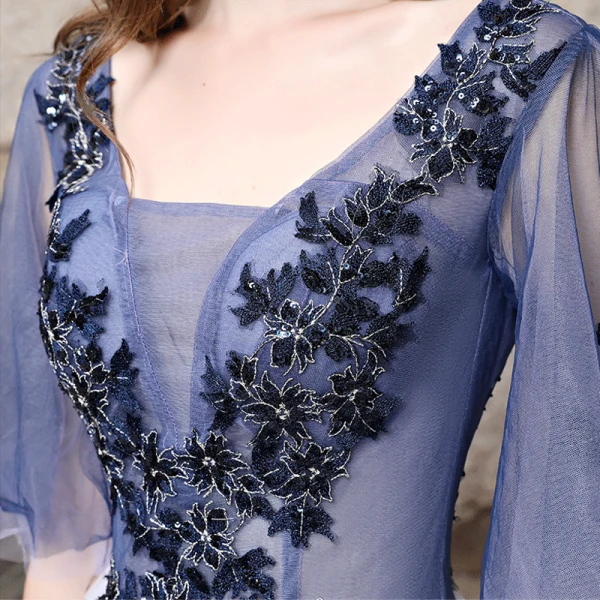 Chic / Beautiful Navy Blue Evening Dresses  2018 A-Line / Princess Appliques Lace Sequins Square Neckline Backless 3/4 Sleeve Floor-Length / Long Formal Dresses