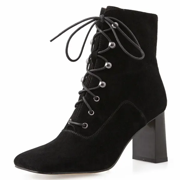 Enkel Høst Aprikos Casual Ankel Kvinners støvler 2020 Lær 7 cm Tykk Hæler Firkantetå Boots