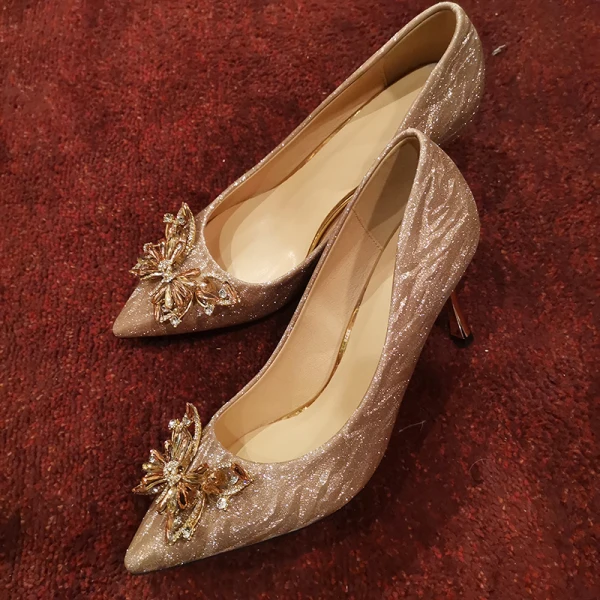 Charmant Champagner Kristall Brautschuhe 2020 Leder Strass Pailletten 10 cm Stilettos Spitzschuh Hochzeit Pumps