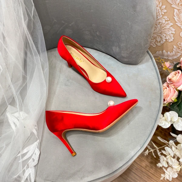 Elegant Red Satin Prom Pumps 2020 Pearl 8 cm Stiletto Heels Pointed Toe Pumps