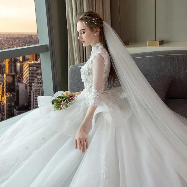 Wedding Dresses Red Zipper Up Appliques Crystal Flower Lace Cathedral Train Lace Tulle High Neck Wedding Fall Spring Summer 3/4 Sleeve Chic / Beautiful Ball Gown 2018
