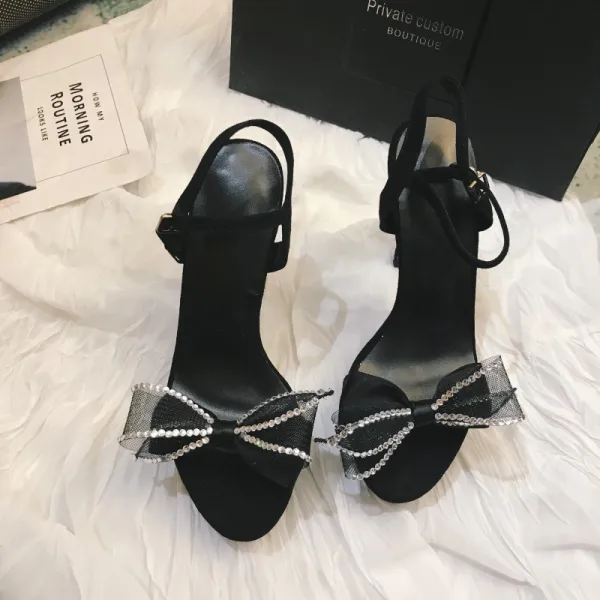 Charmant Noire Cocktail Sandales Femme 2020 Faux Diamant Noeud Cuir 12 cm Talons Aiguilles Peep Toes / Bout Ouvert Sandales