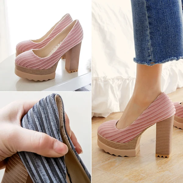 Simple Beige Vacances Daim Escarpins 2021 11 cm Talons Épais À Bout Rond Escarpins