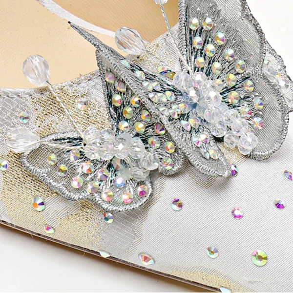 Chic / Beautiful White Satin Wedding Shoes 2020 Butterfly Embroidered Rhinestone 8 cm Stiletto Heels Pointed Toe Wedding Pumps
