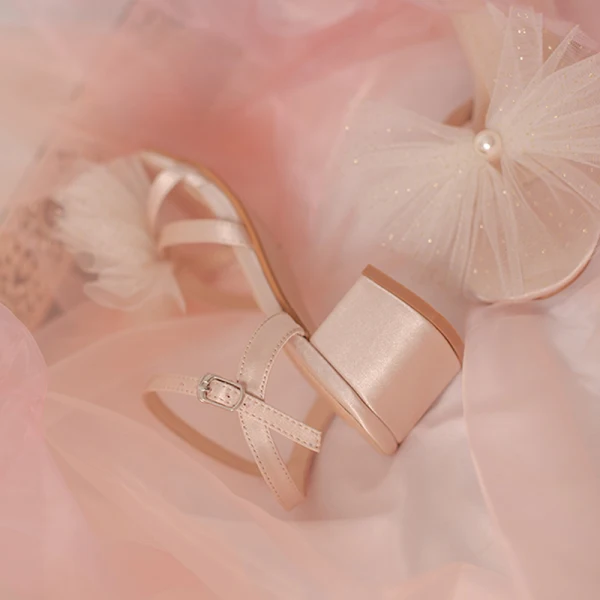 Sexy Champagne Perle Noeud Chaussure De Mariée 2020 Slingbacks 5 cm Talons Épais Peep Toes / Bout Ouvert Mariage Sandales