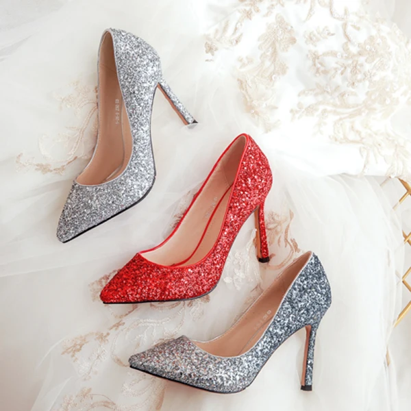Scintillantes Rouge Paillettes Chaussure De Mariée 2020 9 cm Talons Aiguilles À Bout Pointu Mariage Escarpins