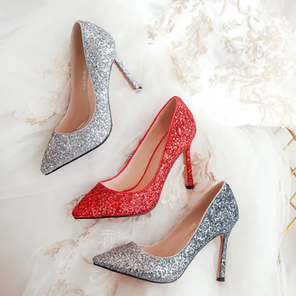 Glitter Red Sequins Women sold 11cm High Heel Wedding Bridal Shoes Bling Ladies Pointy Toe Stiletto Pumps Plus Size 44 45 46