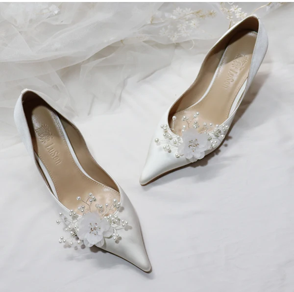 Fashion White Wedding Shoes 2020 Leather Pearl Appliques 7 cm Stiletto Heels Pointed Toe Wedding Pumps