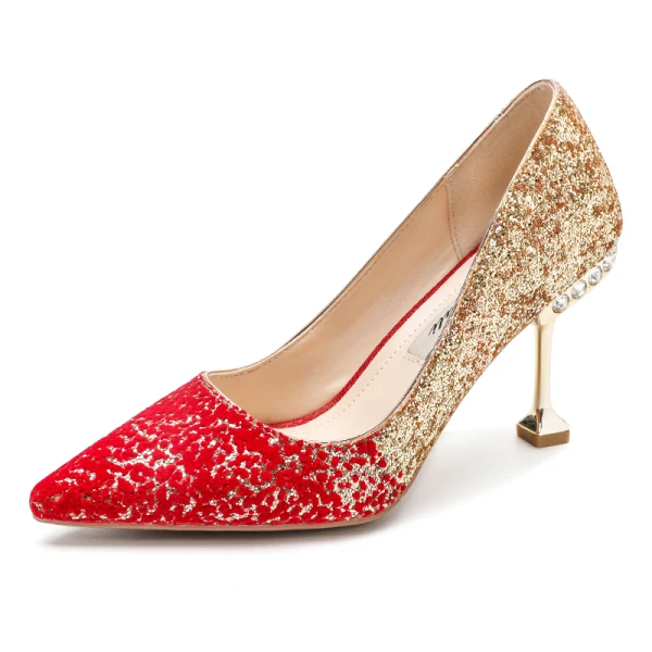Sparkly Gold Red Sequins Wedding Shoes 2020 Rhinestone 9 cm Stiletto Heels Pointed Toe Wedding Pumps