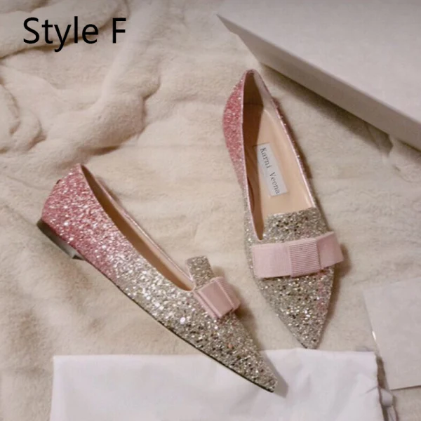 Sparkly Gradient-Color Prom Flat Womens Shoes 2020 Sequins Bow Pointed Toe Heels