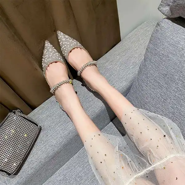Glittrande Charmig Champagne Brudskor 2020 Läder Rhinestone Pärla 8 cm Stilettklackar Spetsiga Bröllop Pumps
