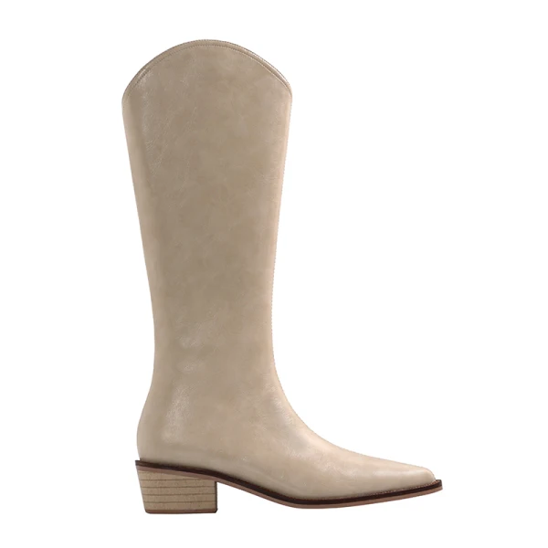 Fashion Beige Street Wear Mid Calf Womens Boots 2020 Leather 4 cm Thick Heels Low Heel Pointed Toe Boots