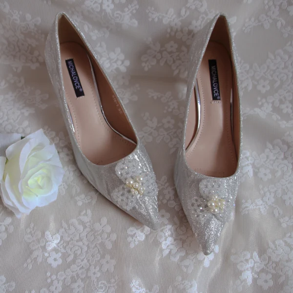 Elegant Vintage / Retro Silver Glitter Wedding Shoes 2020 Leather Crystal Pearl 5 cm Stiletto Heels Pointed Toe Wedding Pumps