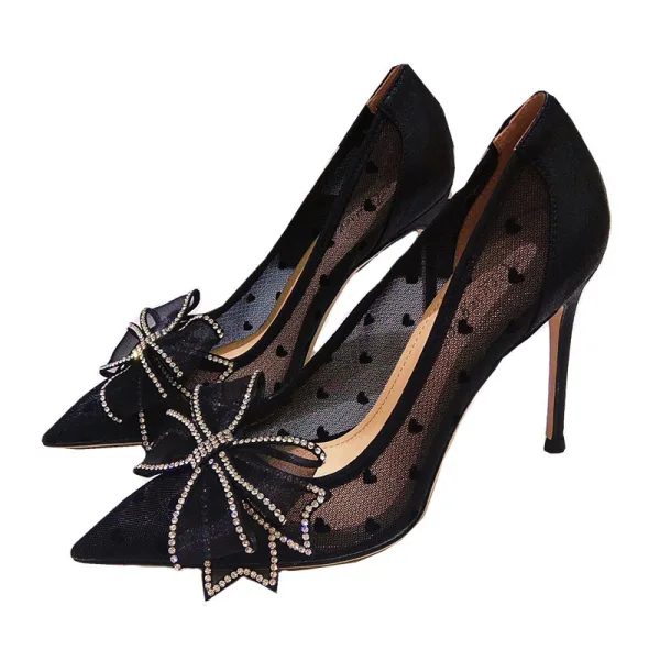 Uroczy Moda Srebrny Rhinestone Kokarda Buty Ślubne 2020 10 cm Szpilki Szpiczaste Ślub Czółenka