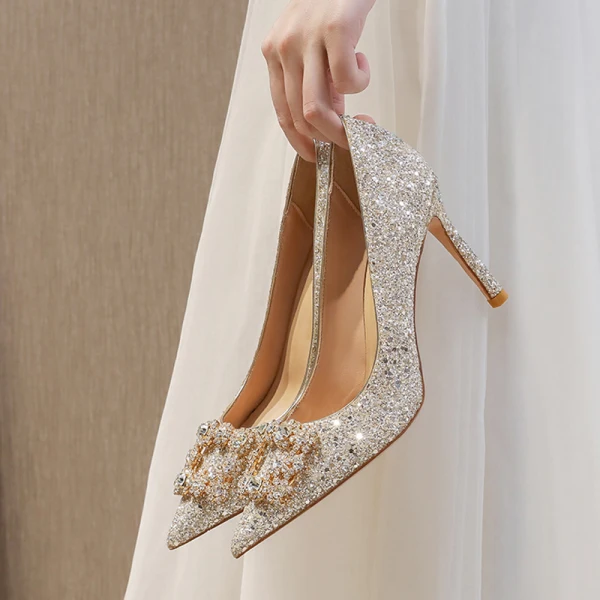 Gold Sequin Pointed Toe Wedding Pumps