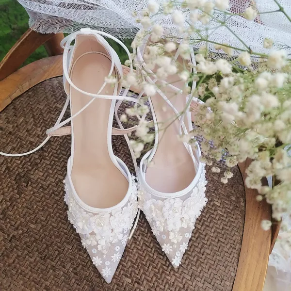 Elegante Weiß Brautschuhe 2020 Knöchelriemen Applikationen 6 cm Stilettos Spitzschuh Hochzeit High Heels