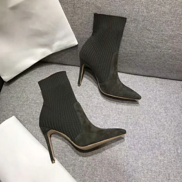 Chic / Beautiful Army Green Street Wear Ankle Suede Knitting Womens Boots 2020 10 cm Stiletto Heels Pointed Toe Boots