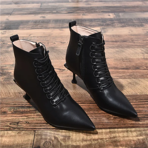 Fashion Black Street Wear Ankle Womens Boots 2020 Leather 7 cm Stiletto Heels Pointed Toe Boots