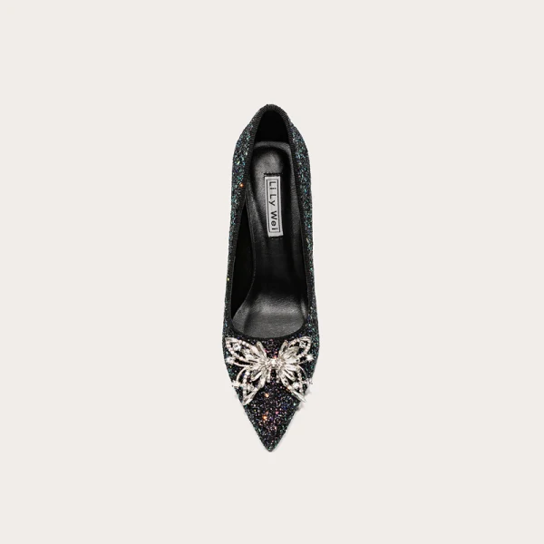Scintillantes Noire Soirée Cristal Paillettes Escarpins 2021 Cuir 10 cm Talons Aiguilles À Bout Pointu Escarpins Talons Hauts