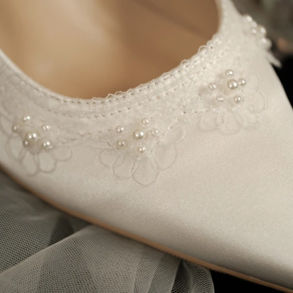 Elegant Chic / Beautiful Ivory Wedding Shoes 2020 Bow Pearl 7 cm Stiletto Heels Pointed Toe Wedding Pumps