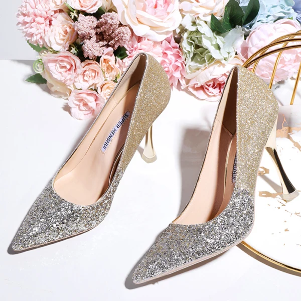 Sparkly Charming Gold Sequins Wedding Shoes 2020 10 cm Stiletto Heels Pointed Toe Wedding Pumps