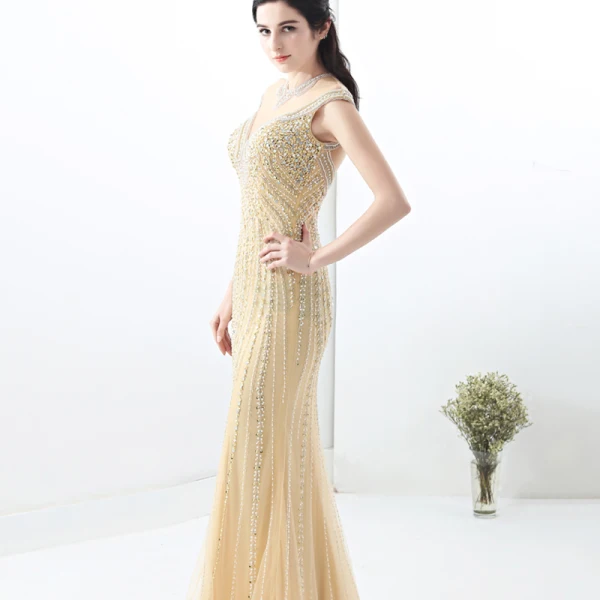 Scintillantes Gris Robe De Soirée 2018 Trompette / Sirène Fait main Perlage Cristal Perle Faux Diamant Paillettes Encolure Dégagée Sans Manches Train De Balayage Robe De Ceremonie