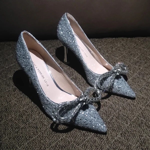 Scintillantes Argenté Faux Diamant Paillettes Chaussure De Mariée 2020 Cuir 8 cm Talons Aiguilles À Bout Pointu Mariage Escarpins
