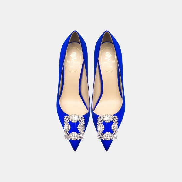 High-end Royal Blue Evening Party Rhinestone Pumps 2020 Leather 10 cm Stiletto Heels Pointed Toe Pumps
