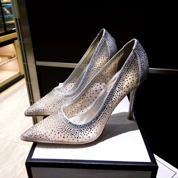 Charmig Silver Afton Rhinestone Pumps 2020 Läder 10 cm Stilettklackar Spetsiga Pumps