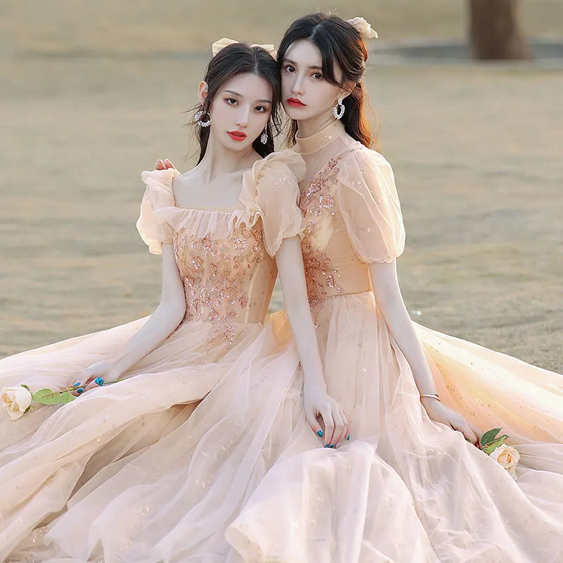 Modest Simple Champagne Bridesmaid Dresses 2021 A-Line Princess Square Neckline Beading