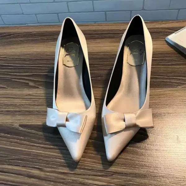 Elegante Beige Ball Satin Schleife Pumps 2020 9 cm Stilettos Spitzschuh Pumps