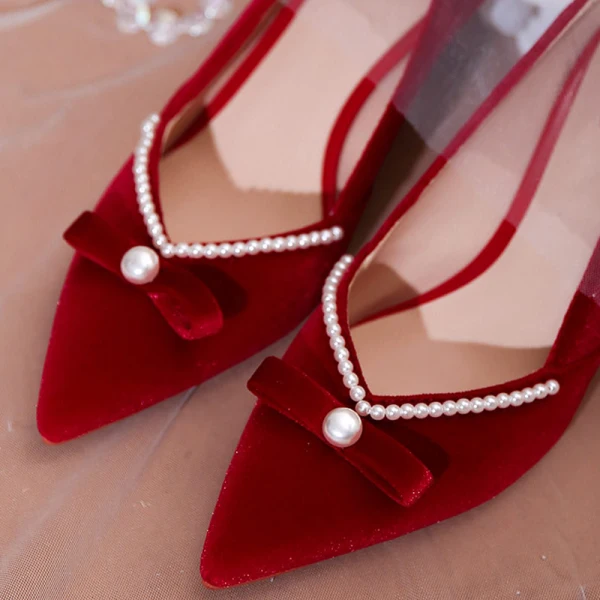 Chinese style Burgundy Suede Wedding Shoes 2020 Pearl Bow 6 cm Stiletto Heels Pointed Toe Wedding Pumps