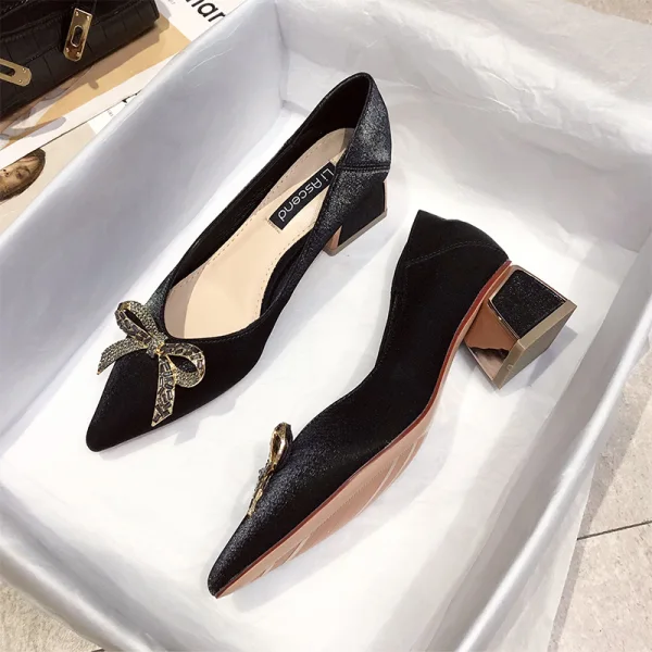 Fashion Burgundy Evening Party Rhinestone Bow Pumps 2020 4 cm Thick Heels Low Heel Pointed Toe Pumps