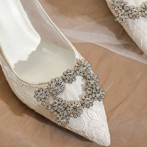 Schöne Ivory / Creme Spitze Strass Brautschuhe 2021 8 cm Stilettos Spitzschuh Hochzeit Pumps Hochhackige