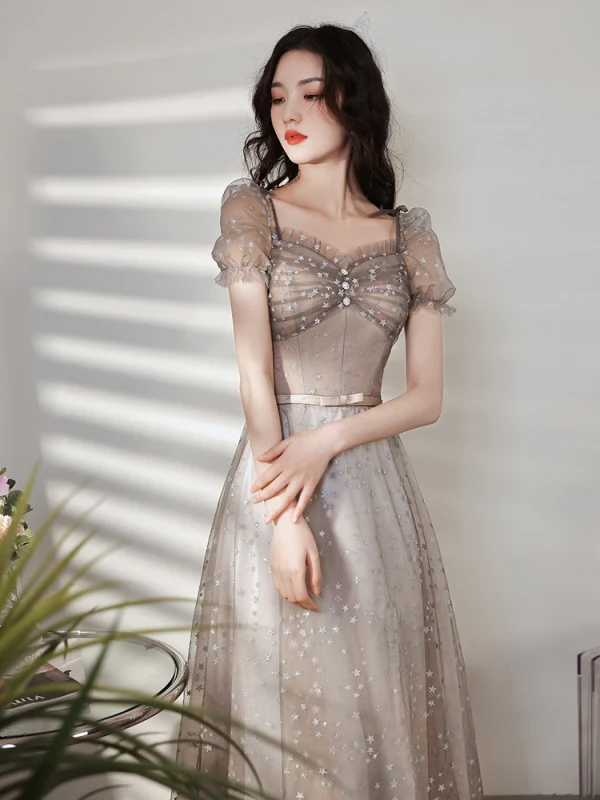 Elegant Grey Lace Star Bridesmaid Dresses 2021 A-Line / Princess Square Neckline Bow Short Sleeve Backless Floor-Length / Long Bridesmaid Wedding Party Dresses