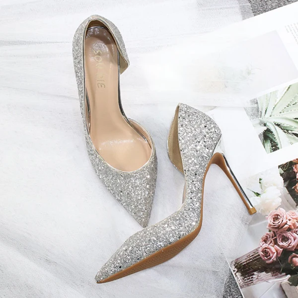 Sparkly Silver Evening Party Glitter Sequins Womens Shoes 2020 10 cm Stiletto Heels Pointed Toe Heels