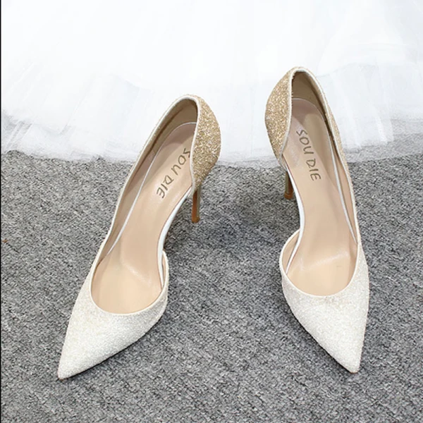 Charming Gradient-Color Gold Evening Party Womens Shoes 2020 Glitter Sequins 10 cm Stiletto Heels Pointed Toe Heels
