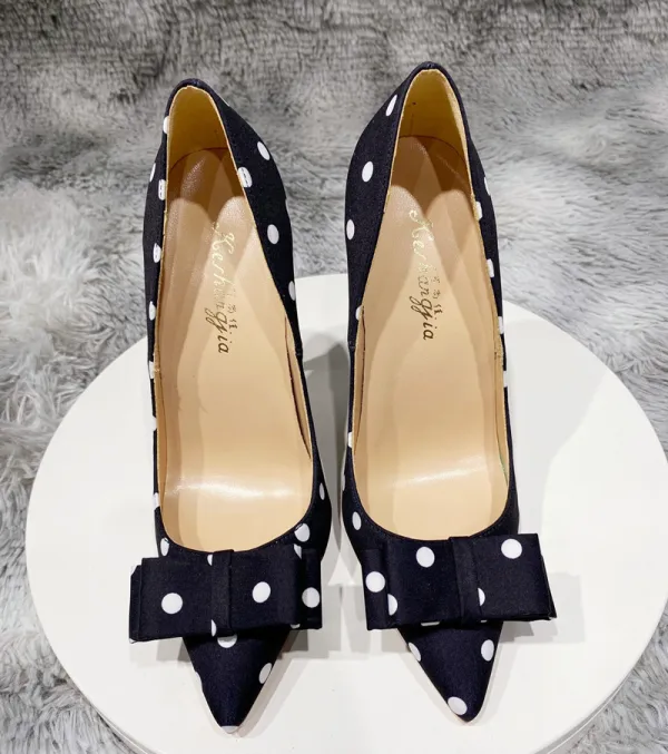 Edles Schwarz Cocktail Seide Satin Pumps 2020 Geflecktes Schleife 12 cm Stilettos Spitzschuh Pumps