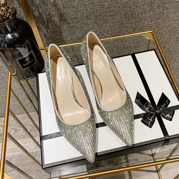 Scintillantes Argenté Cristal Chaussure De Mariée 2020 Faux Diamant 7 cm Talons Aiguilles À Bout Pointu Mariage Escarpins