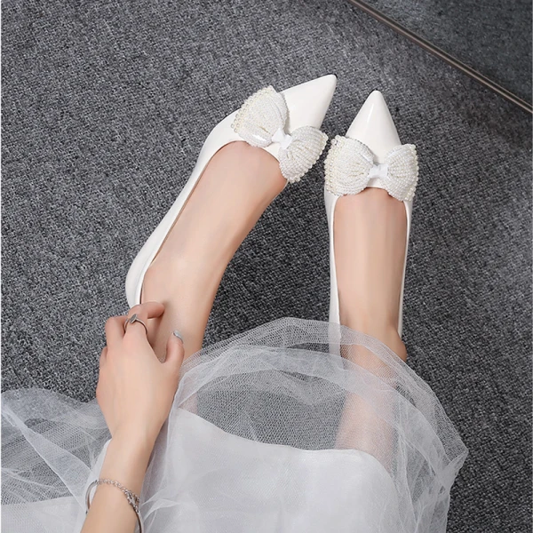 Chic Ivoire Perle Noeud Chaussure De Mariée 2020 8 cm Talons Aiguilles À Bout Pointu Mariage Escarpins