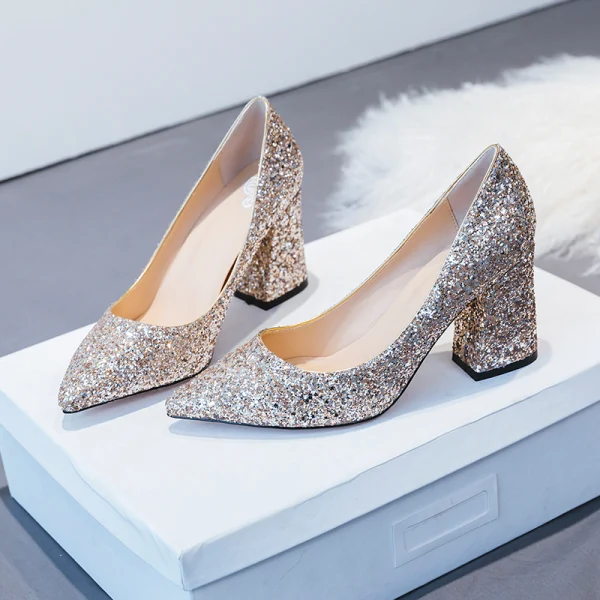 Scintillantes Doré Glitter Paillettes Chaussure De Mariée 2020 7 cm Talons Épais À Bout Pointu Mariage Escarpins