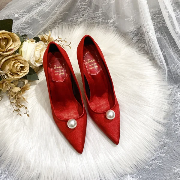 Chic / Beautiful Satin Red Pearl Wedding Shoes 2020 Leather 9 cm Stiletto Heels Pointed Toe Wedding Pumps